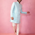 Men's Blue Jacquard Indo-Western Kurta with Cream Trousers