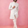 Men's Grey Jacquard Indo-Western Kurta with Cream Trousers