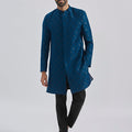 Men's Turquoise And Black Silk Blend Sherwani Set