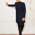 Men's Navy Blue Silk Blend Indo Western And Pant Set