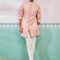 Men's Peach Rayon Indo Western And Pyjama Set
