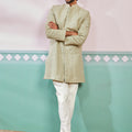 Men's Pista Green Rayon Indo Western And Pyjama Set