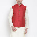 VASTRAMAY Men's Maroon Cotton Blend Ethnic Jacket