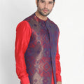 VASTRAMAY Men's Red Silk Blend Ethnic Jacket