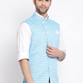 Men's Blue Stripes And Angrakha Pattern Classic Nehru Jacket