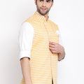 Men's Orange Stripes And Angrakha Pattern Classic Nehru Jacket