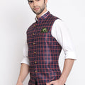 Men's Blue Checked And Angrakha Pattern Classic Nehru Jacket