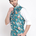Men's Turquoise Digital Printed Royal Angrakha Nehru Jacket