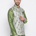 Men's Grey & Green Printed Woven Nehru Jacket