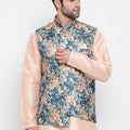 Men's Peach And Blue Printed Woven Nehru Jacket