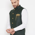 Bottle Green Solid Embellished Zardozi Nehru Jacket