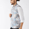 Men's White & Blue Printed Satin Slim-Fit Nehru Jacket