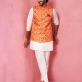 Men's Red Patola Print Nehru Jacket with Cream Kurta Pyjama