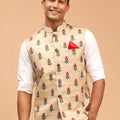 Men's Beige Rose Print Matka Silk Nehru Jacket