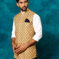 Yellow Geometric Print Embellished Nehru Jacket