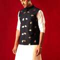 Men's Black Leaf Motif Embellished Jacket
