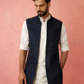 Men's Navy Blue Silky Abstract Embroidered Nehru Jacket