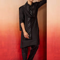 Mens Black Silk Kurta Set with Pant and Mirror Work Dupatta