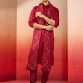 Men's Cream Embroidered Kurta with Maroon Churidar and Mirror Work Dupatta Set