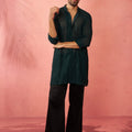 Men's Bottle Green Georgette Embroidered Kurta with Black Satin Palazzo Pant Set