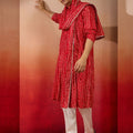 Mens Red Bandhani Kurta Set with Cream Pant and Dupatta