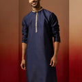 Vastramay Men Navy Blue Silk Anmol Jacquard Kurta