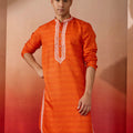 Men's Orange Hand Embroidered Silk Kurta