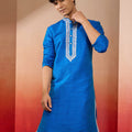 Men's Royal Blue Hand Embroidered Silk Kurta