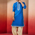 Men's Royal Blue Phantom Silk Hand Embroidered Kurta with Cream Patiala