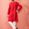 Mens Red Zardozi Kurta Cream Pant Set