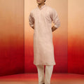 Men's Peach Silk Blend Embroidered Kurta with Cream Pyjama