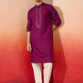 Men's Purple Silk Blend Mirror Work Kurta with Cream Pyjama