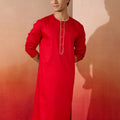Mens Red Cotton Millennium Kurta Lace Detail