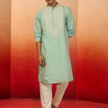 Men's Mint Green Silk Blend Embroidered Kurta with Cream Pyjama