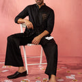 Men's Gold Fine Satin Stone Work Kurta with Black Flare Pant