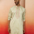 Vastramay Men Pista Green Silk Embroidered Mid Kurta