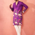 Men's Purple Dola Silk Digital Print Kurta with Cream Pyjama