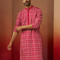 Vastramay Men Red Linen Silk Thread Embroidered Kurta
