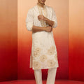 Men's Chiku Silk Blend Embroidered Kurta with Cream Pyjama