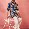 Men's Blue Digital Print Kurta with Cream Palazzo Set