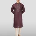 Men's Wine Embroidered Kurta with Cream Pyjama