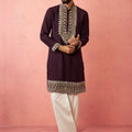 Men's Purple Chanderi Kurta Set with Cream Pant