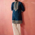 Men's Turquoise Chanderi Kurta Set with Cream Pant