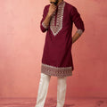 Men's Wine Chanderi Kurta Set with Cream Pyjama