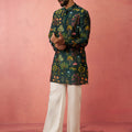 Men's Bottle Green Digital Print Kurta with Cream Satin Palazzo Set