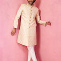 Men's Beige Silk Blend Sherwani Set with Cream Pyjama