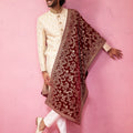 Men's Beige Sherwani Set with Cream Pyjama & Maroon Velvet Dupatta