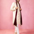 Men's Beige Silk Sherwani Set with Pyjama & Velvet Dupatta