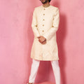 Men's Cream Silk Blend Sherwani Set with Maroon Motifs