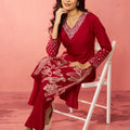 Women's Maroon Rayon Mirror Work Kurta Set with Flare Pants